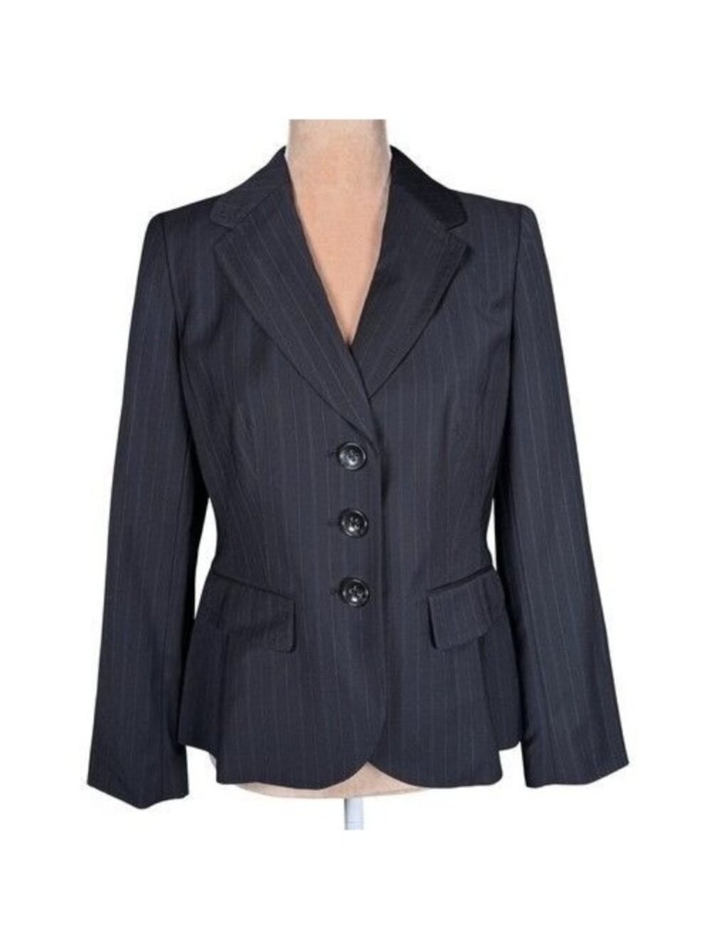 Ann Taylor Women's 4P Petites Black Pinstripe Blazer Wool Blend P0851 - Picture 1 of 10